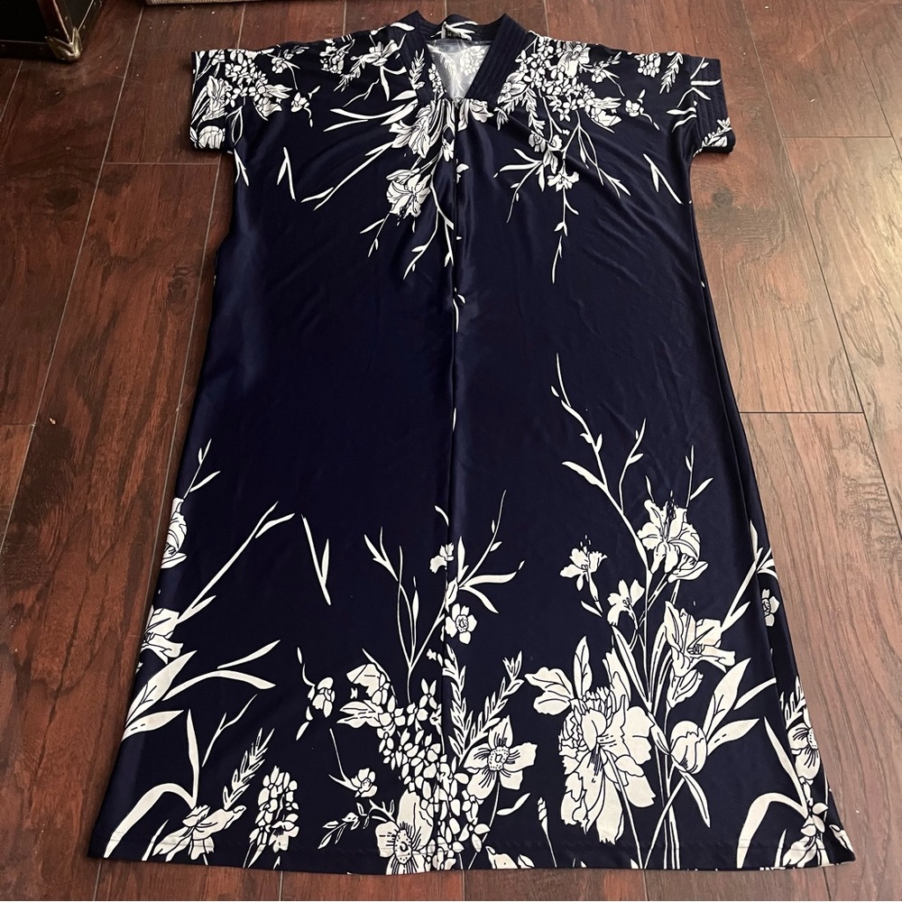 Anthony Richards Medium Blue Floral Pattern Zip House Dress Pocket Short Sleeve